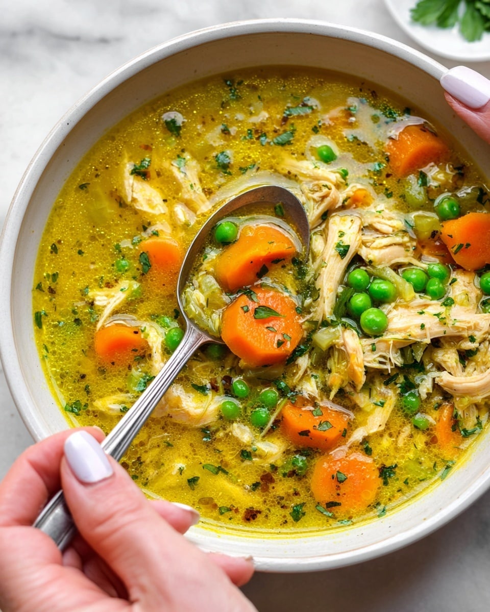 A white bowl filled with a colorful chicken soup. The soup has a yellow broth with some oil droplets on the surface. Inside, there are shredded pieces of light brown chicken, bright orange carrot slices, and fresh green peas scattered around. Small bits of green herbs float on top, adding texture and color. A silver spoon is partly dipped into the soup, scooping some of the ingredients, held by a woman’s hand with light-colored nails. The bowl sits on a white marbled surface. photo taken with an iphone --ar 4:5 --v 7