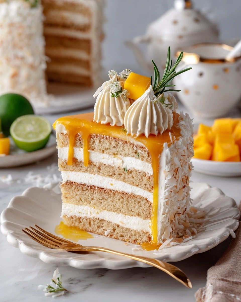 A slice of three-layered cake sits on a white scalloped plate, each layer showing light tan sponge cake with creamy white frosting between them. Bright orange mango sauce drips down the sides between layers, adding a glossy texture. The top has a thick swirl of pale cream frosting, garnished with a small cube of yellow mango and a green rosemary sprig. A golden fork rests next to the slice on the plate. In the background, the rest of the cake covered in white shredded coconut and frosting, a white sugar pot with gold detail, a sliced lime, and diced mango on a white marbled surface complete the scene. Photo taken with an iphone --ar 4:5 --v 7