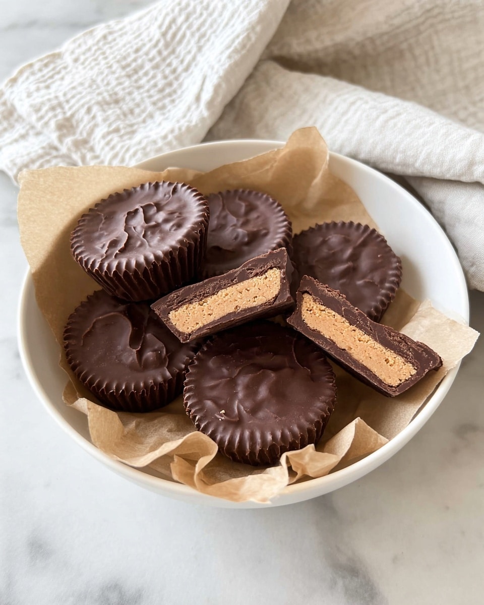 The image shows a white bowl filled with seven round chocolate-covered peanut butter cups resting on a piece of crumpled light brown parchment paper. The cups have a textured chocolate surface with a slightly glossy finish. Two of the peanut butter cups are cut in half and laid on top, revealing a smooth, light tan peanut butter layer in the middle surrounded by a thick dark chocolate shell. The bowl is set on a white marbled surface, and in the background, there is a soft, textured white cloth. Photo taken with an iphone --ar 4:5 --v 7