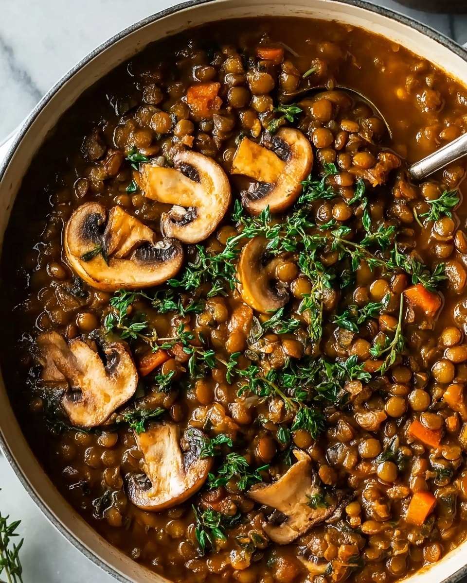 A close-up view of a white pot filled with a thick brown lentil stew, layered with sliced sautéed mushrooms and fresh green herbs on top, showing a rich texture with visible lentils and small bits of carrot and onion mixed in, the stew looks hearty and warm against a white marbled surface. photo taken with an iphone --ar 4:5 --v 7