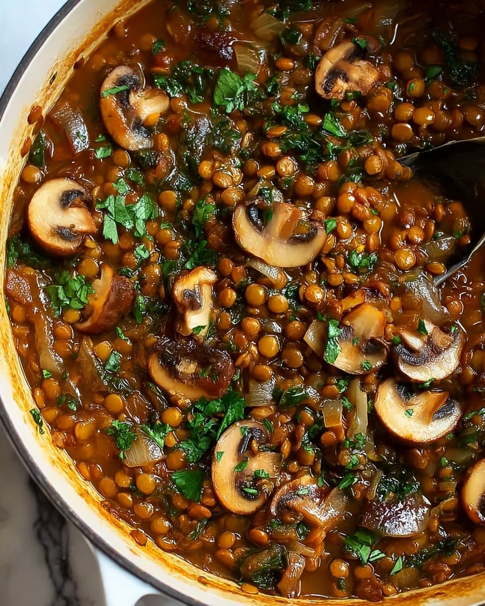 A close-up of a thick stew with layers of orange lentils, sliced brown mushrooms, and chopped green parsley mixed throughout, all cooked in a rich brown sauce with visible onion pieces, served in a white pot with a black spoon resting inside, the texture looks hearty and chunky, placed on a white marbled surface photo taken with an iphone --ar 4:5 --v 7