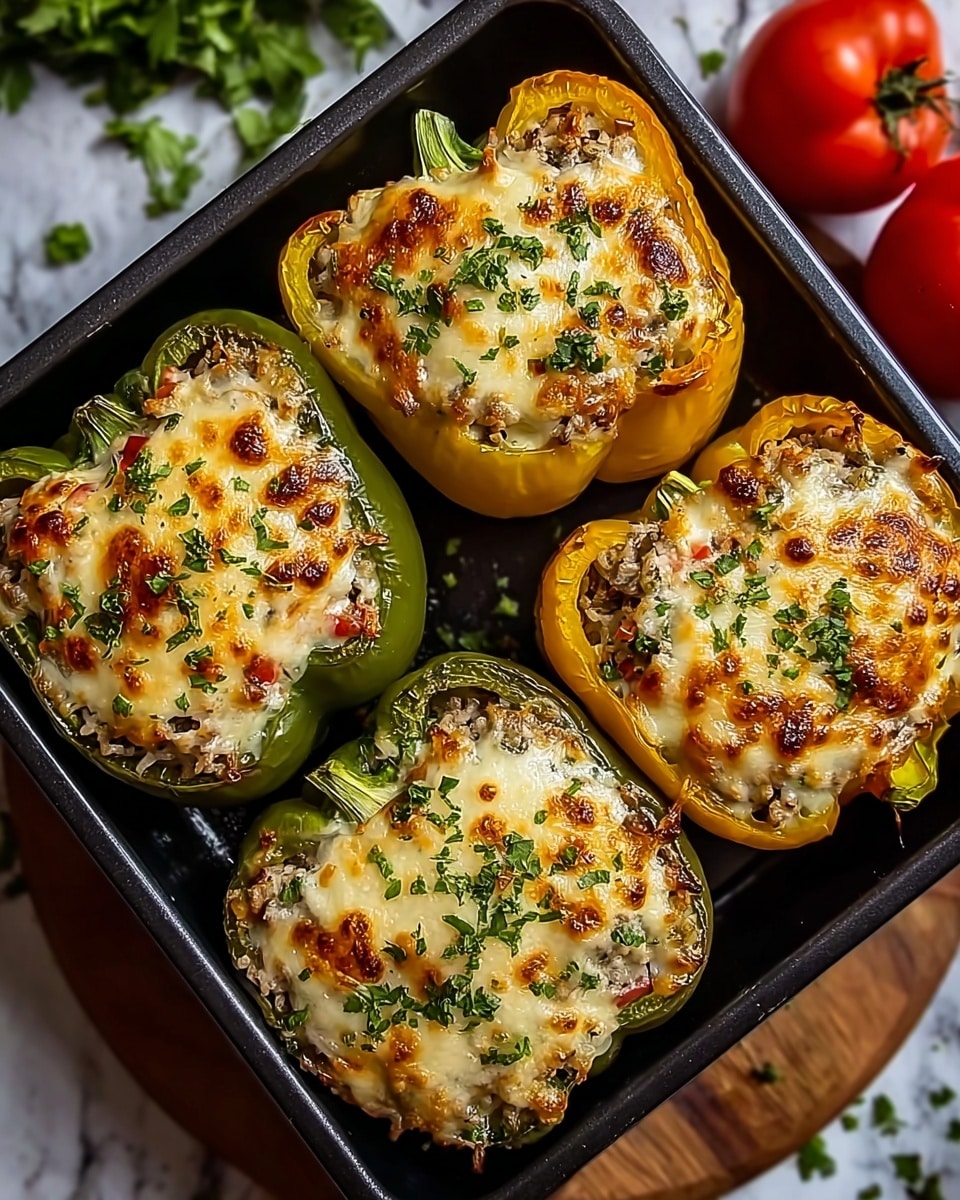 The image shows a black baking tray holding four stuffed bell pepper halves, two green and two yellow, all filled with a creamy mixture topped with melted golden-brown cheese that has some darker crispy spots. Each pepper half has visible layers: a base of cooked rice mixed with small pieces of meat and herbs, topped with a thick layer of bubbly, slightly browned cheese. The stuffing includes bright green herb sprinkles and small bits of red tomato or pepper visible throughout, adding color contrast. The tray sits on a white marbled surface with some chopped greens scattered around, and a few blurred tomatoes in the background. photo taken with an iphone --ar 4:5 --v 7