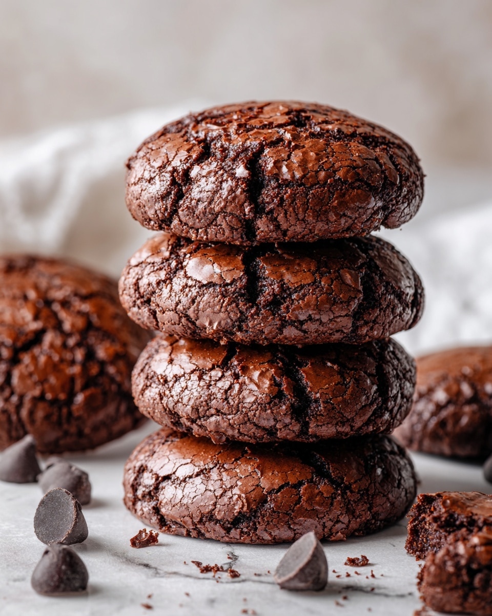 A stack of six flat, round brownie cookies with a rich dark brown color and a slightly cracked, textured surface sits in the center on a white marbled surface. To the right, a broken cookie reveals a dense interior, and small dark chocolate chips are scattered around. In the background to the left, more whole brownie cookies rest inside a white bowl beside a white cloth, while a glass jar filled with a light beige powder is blurry on the right. The overall setting is clean and bright. photo taken with an iphone --ar 4:5 --v 7