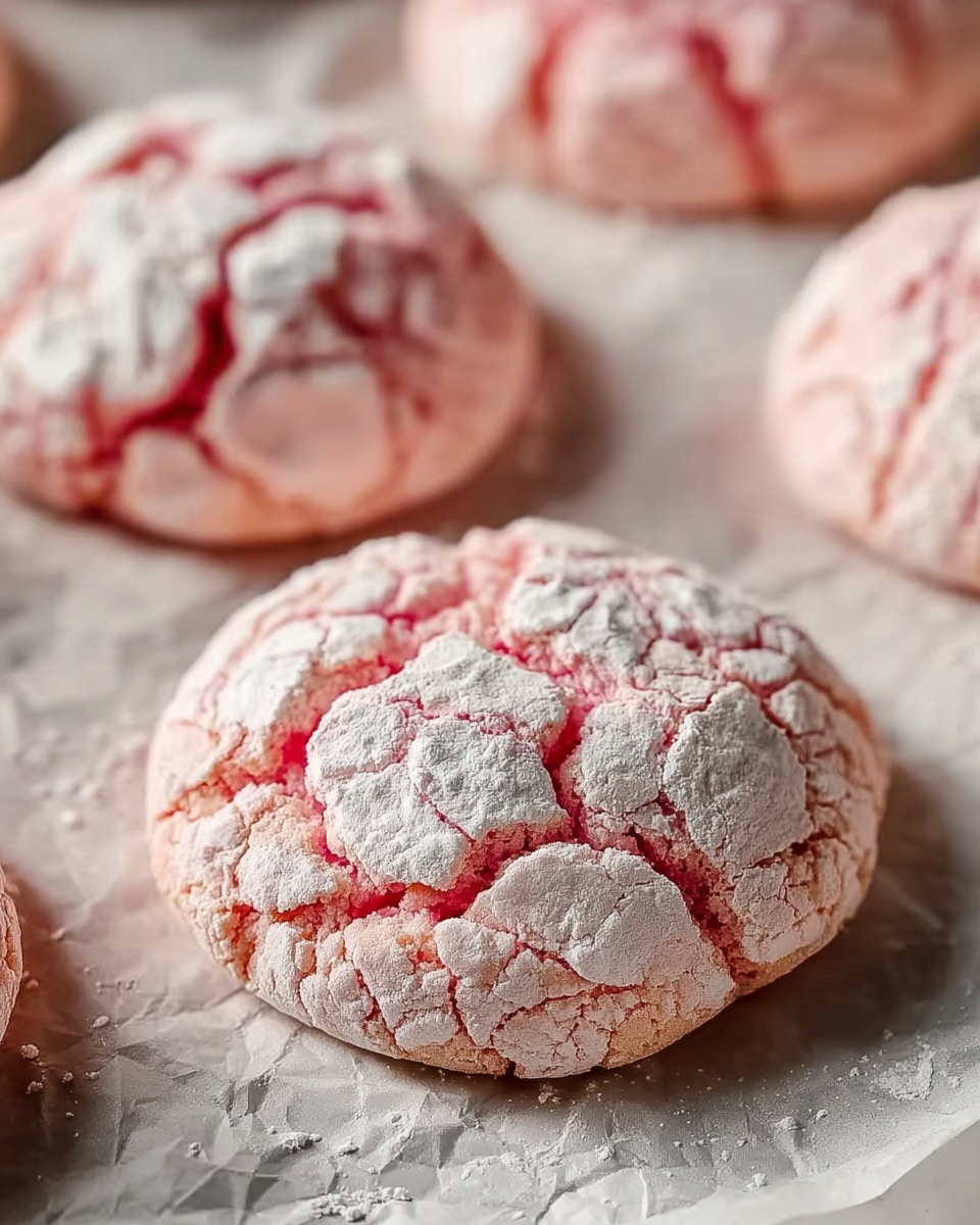 A close-up view of several round, cracked cookies with a soft pink color, each dusted with a layer of white powdered sugar that fills the cracks and highlights the texture. The cookies rest on a piece of crinkled parchment paper, all placed on a surface with a white marbled texture. The cookies have a slightly domed shape and display a rough, cracked outer crust that contrasts with the smooth powdered sugar topping. Photo taken with an iphone --ar 4:5 --v 7