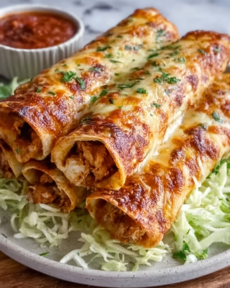 Three golden-brown rolled enchiladas are stacked on top of each other on a bed of shredded lettuce on a white plate, each enchilada showing a slightly crisp and bubbly melted cheese layer on top, with some browned spots and green herb bits scattered over them. The inside of the front enchilada is slightly open, revealing a filling that looks soft and textured, possibly shredded meat or beans. To the back left of the plate, there is a small bowl of red salsa with a slightly chunky texture. The whole scene is set on a white marble surface. Photo taken with an iphone --ar 4:5 --v 7