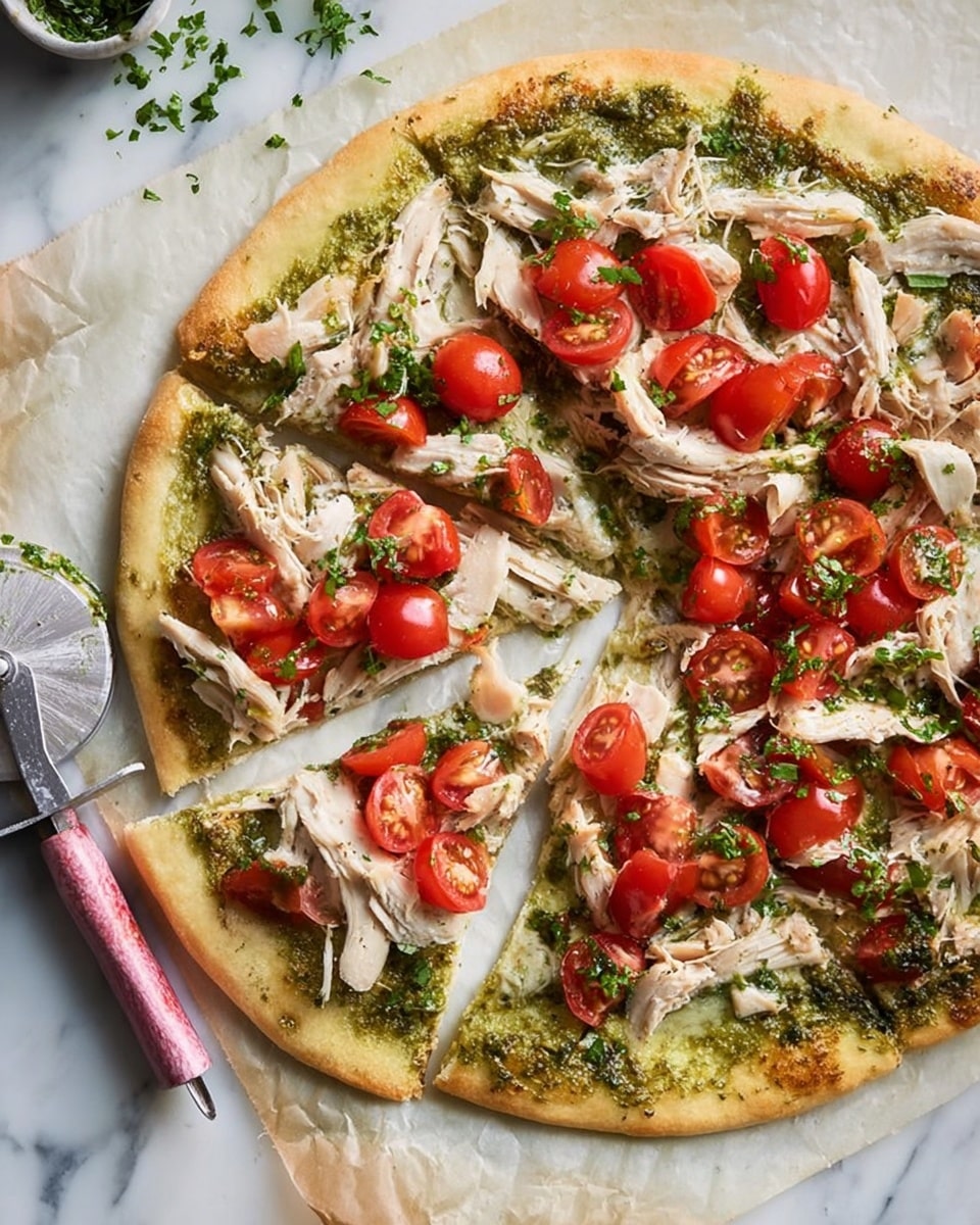 A single slice of pizza rests on a round wooden plate. The pizza has a golden-brown crust and a base layer of green pesto sauce spread evenly. On top, there are pieces of white shredded chicken, sliced bright red cherry tomatoes, and small green herb leaves sprinkled over. Next to the plate, there is a glass bowl filled with more green pesto sauce. The background is a white marbled surface. photo taken with an iphone --ar 4:5 --v 7