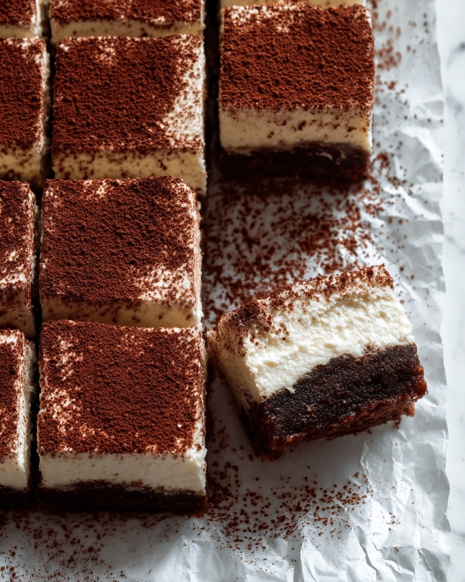 The image shows a close-up of square dessert pieces cut into a grid, arranged on crinkled white parchment paper over a white marbled surface. Each piece has two visible layers: a thick, dark brown chocolate base with a dense texture, topped by a thick creamy white layer that looks smooth and soft. The top of every piece is covered evenly with a fine, dark cocoa powder that creates a slightly rough, dusty texture. One piece is pulled slightly apart to clearly show the two layers inside, highlighting the contrast between the dark bottom and light top layers, with cocoa dust spilling around it. photo taken with an iphone --ar 4:5 --v 7