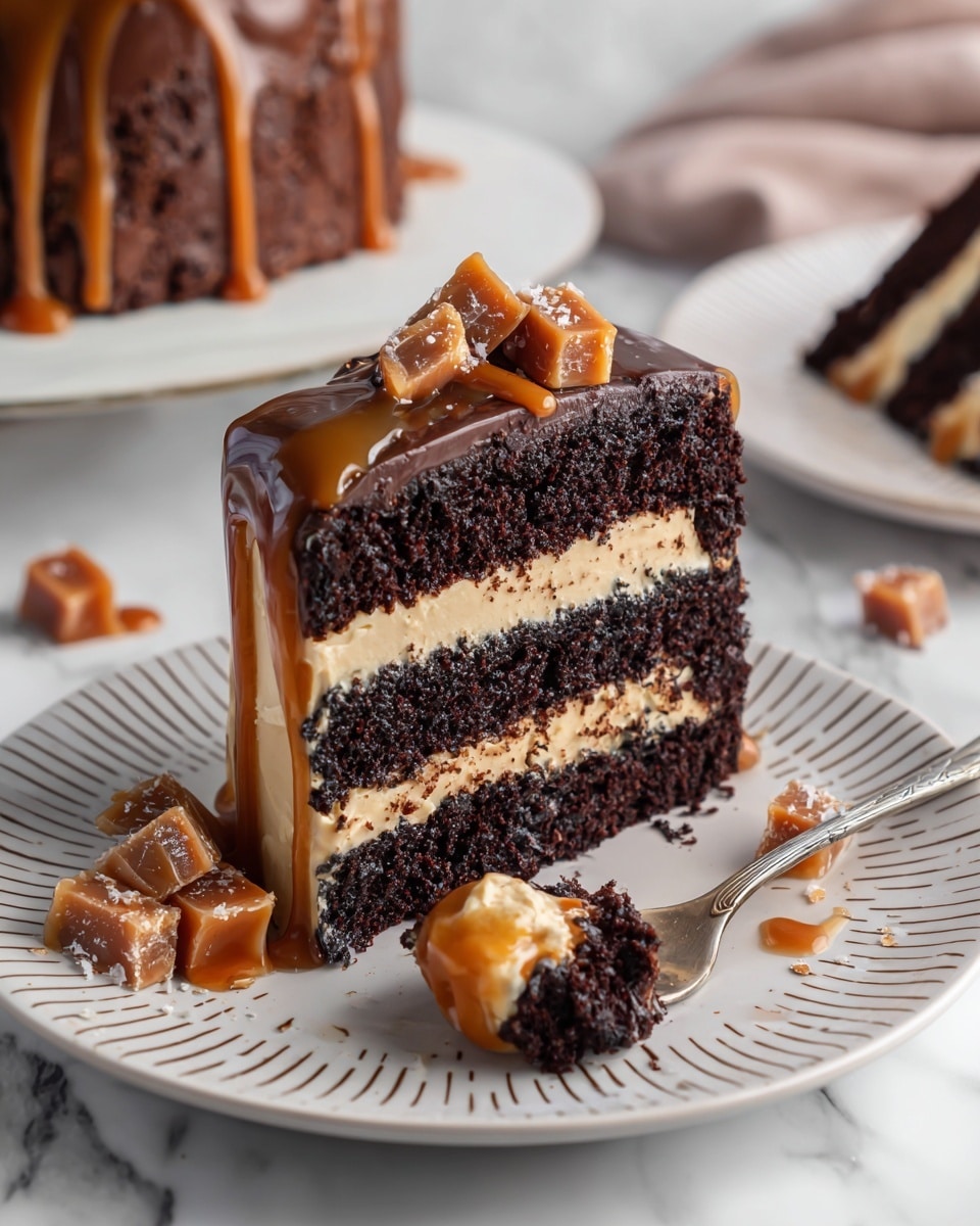 A slice of three-layer dark brown chocolate cake sits on a white plate with brown dashed designs. Between each thick chocolate cake layer is a smooth, light tan frosting, with the side of the slice also coated in the same frosting. The cake is drizzled with shiny caramel sauce across the top and sides. Pieces of caramel candy are scattered on and near the plate. A silver spoon rests on the plate, holding a small bite of cake. In the background, more cake can be seen on a white plate on a white marbled surface. Photo taken with an iphone --ar 4:5 --v 7