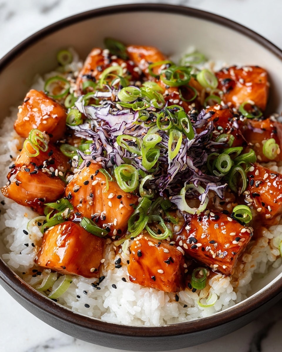A white bowl filled with three layers: the bottom layer is soft white rice with a slightly sticky texture, the middle layer has glossy, orange-brown glazed salmon cubes that are slightly charred on the edges, and the top layer is made of chopped green onions and thin strips of purple cabbage, sprinkled evenly with white and black sesame seeds. The dish is vibrant with a mix of smooth rice, shiny fish, and fresh crunchy vegetables, all sitting on a white marbled surface. photo taken with an iphone --ar 4:5 --v 7