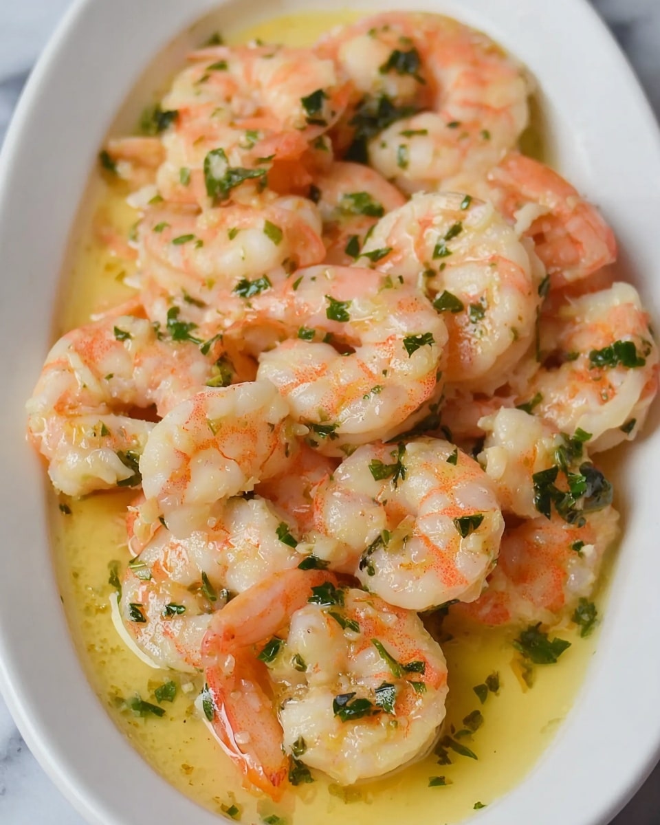 A close-up view of a white oval plate filled with cooked shrimp in a light yellow sauce. The shrimp are pink with white highlights and are scattered across the plate in one layer. Small green parsley pieces are sprinkled throughout the shrimp, adding touches of color and texture. The sauce pools lightly around the shrimp, giving a glossy finish to the dish. The plate rests on a white marbled surface. photo taken with an iphone --ar 4:5 --v 7