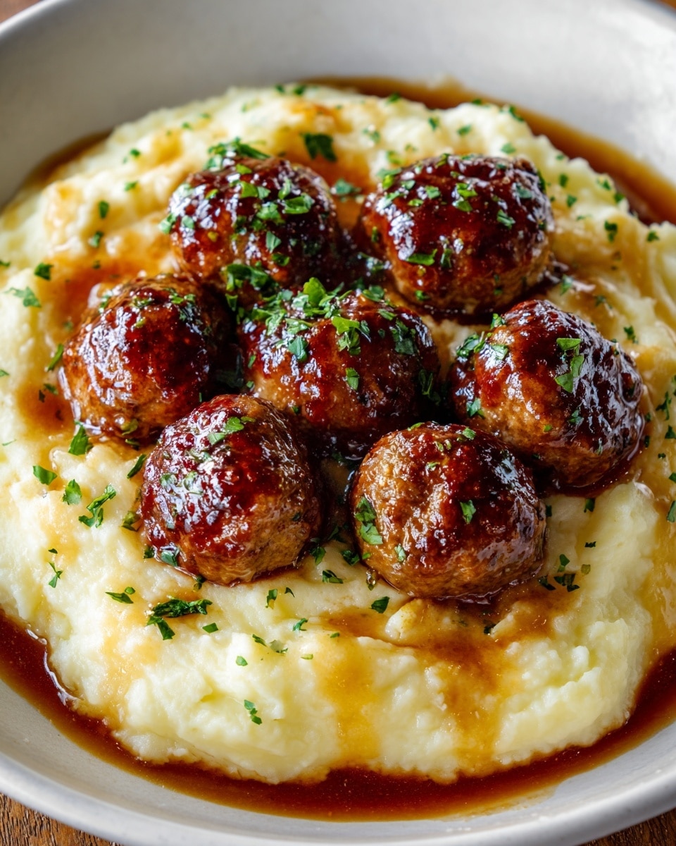 The image shows a white plate filled with a base layer of creamy mashed potatoes, smooth and slightly fluffy in texture, with a light yellow color. On top of the mashed potatoes, there are six shiny, browned meatballs, coated with a glossy, dark brown sauce that adds a rich and flavorful look. The meatballs are sprinkled with chopped green herbs, adding a fresh and colorful touch to the dish. Around the edges of the mashed potatoes, some of the sauce pools lightly, blending the layers together. photo taken with an iphone --ar 4:5 --v 7