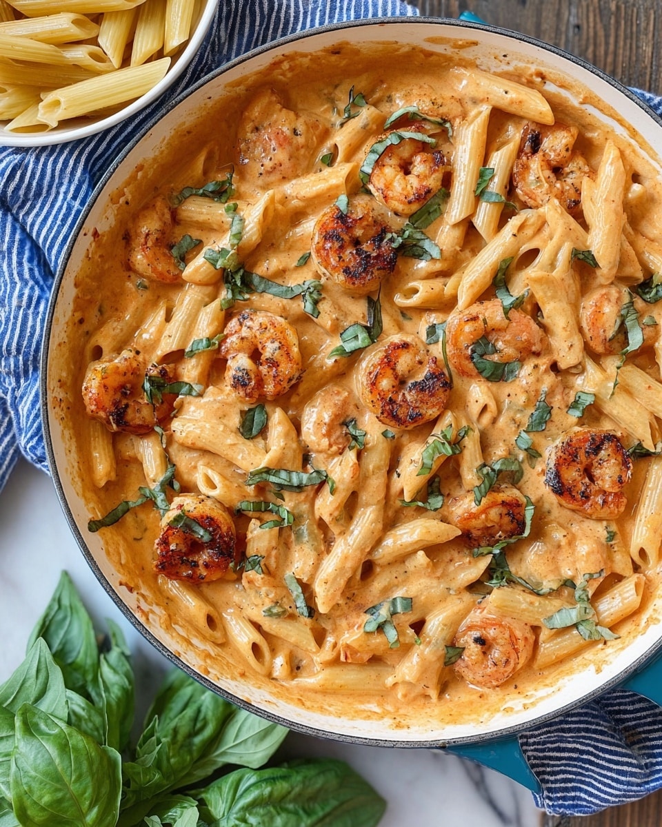A close-up view of a large white pan filled with creamy orange sauce coated penne pasta, mixed with grilled shrimp that have a slightly charred, golden-brown texture, and scattered chopped fresh green basil leaves on top. The creamy sauce looks thick and rich, covering the pasta and shrimp evenly. Around the pan, there are fresh basil leaves and a white bowl filled with uncooked penne pasta on a white marbled surface, with a blue and white striped cloth peeking from the top. photo taken with an iphone --ar 4:5 --v 7