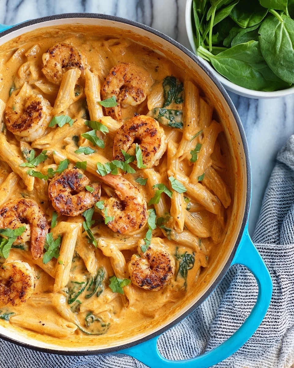 A close-up view of a creamy shrimp pasta dish in a white pot with bright blue handles, filled with about two layers: the first layer consists of penne pasta coated in a rich, orange-colored creamy sauce with visible herbs and small green spinach pieces mixed in. The second layer shows large, well-cooked shrimp with a slightly browned, grilled look sitting on top, garnished with fresh green herb leaves. The pot rests on a white marbled surface with a gray-striped kitchen towel underneath, and a small white bowl filled with fresh spinach leaves is visible in the background. Photo taken with an iphone --ar 4:5 --v 7