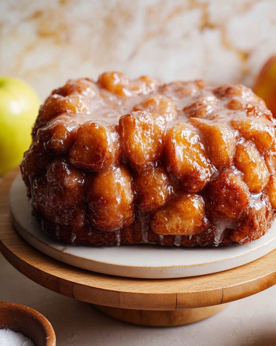 A single monkey bread slice sits on a round white plate with a light wooden stand beneath it, showing a thick layer of sticky, shiny glaze coating the entire top surface; the bread itself is rich golden brown with many puffy, chunky pieces clustered closely together, creating a bumpy texture. The background has a white marbled texture, and there is a glimpse of a yellow apple and a brown bowl with powdered sugar on the side, adding a cozy touch to the scene. photo taken with an iphone --ar 4:5 --v 7
