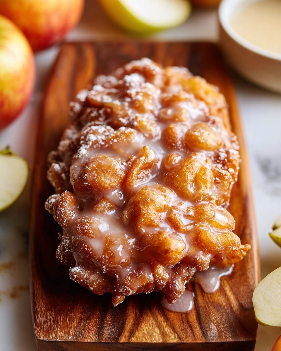 A close-up of a single fried apple fritter placed on a polished wooden board, the fritter has a rough, craggy surface covered with a shiny, translucent glaze that drips over the golden-brown textured lumps. There is a light dusting of white powdered sugar on top, adding a soft contrast to the crispy, darker brown fried dough beneath. Around the wooden board, blurred apples and a small white bowl with cream or milk can be seen, all on a white marbled surface. photo taken with an iphone --ar 4:5 --v 7