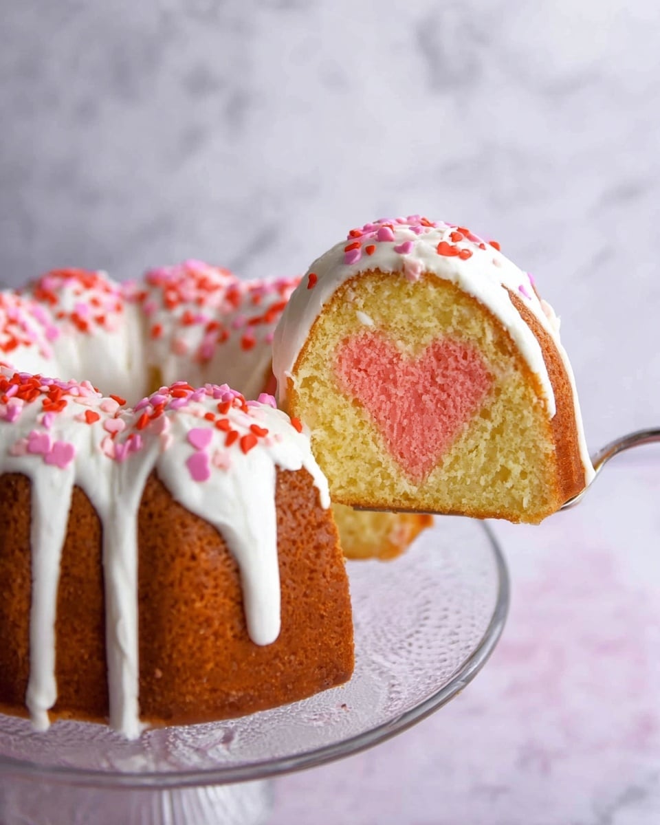 A bundt cake with a golden brown outer layer is topped with smooth white icing that drips down the sides, decorated with small pink and red heart-shaped sprinkles. A slice is being lifted, showing the inside of the cake which is a light yellow color with a bright pink heart shape in the center of the slice. The cake is on a clear glass stand, with a white marbled texture background visible. The overall look is festive and charming, with a focus on the heart detail inside the cake. Photo taken with an iphone --ar 4:5 --v 7