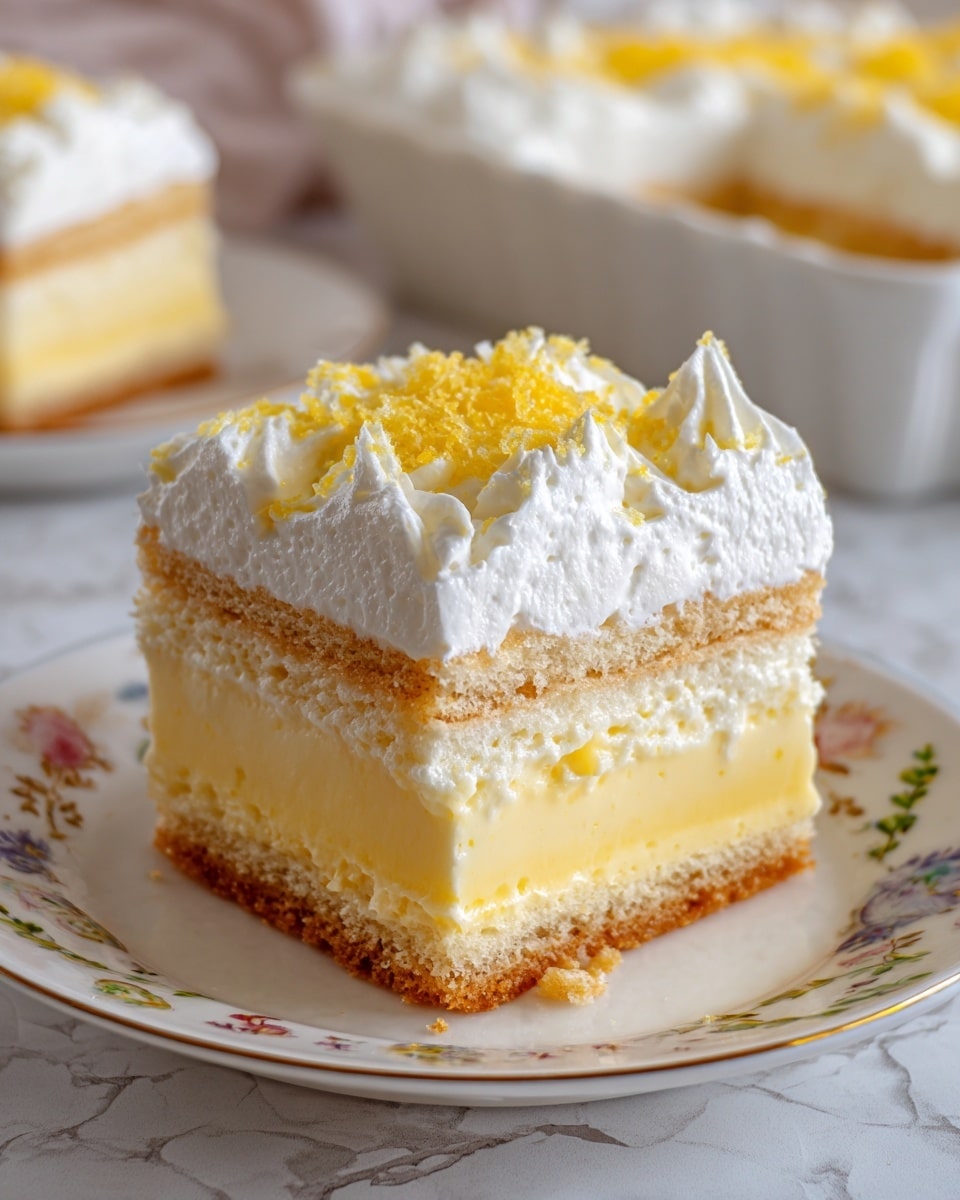 A square piece of layered dessert sits on a white plate with colorful patterns. The dessert has three layers of soft, light brown sponge cake soaked in a light liquid. Between the sponge layers are two thick layers of pale yellow creamy custard. The entire top is covered with a fluffy white whipped cream layer, sprinkled with yellow crumbs or shavings. In the blurred background, a white dish with more of the same dessert is visible. The surface is a white marbled texture. photo taken with an iphone --ar 4:5 --v 7
