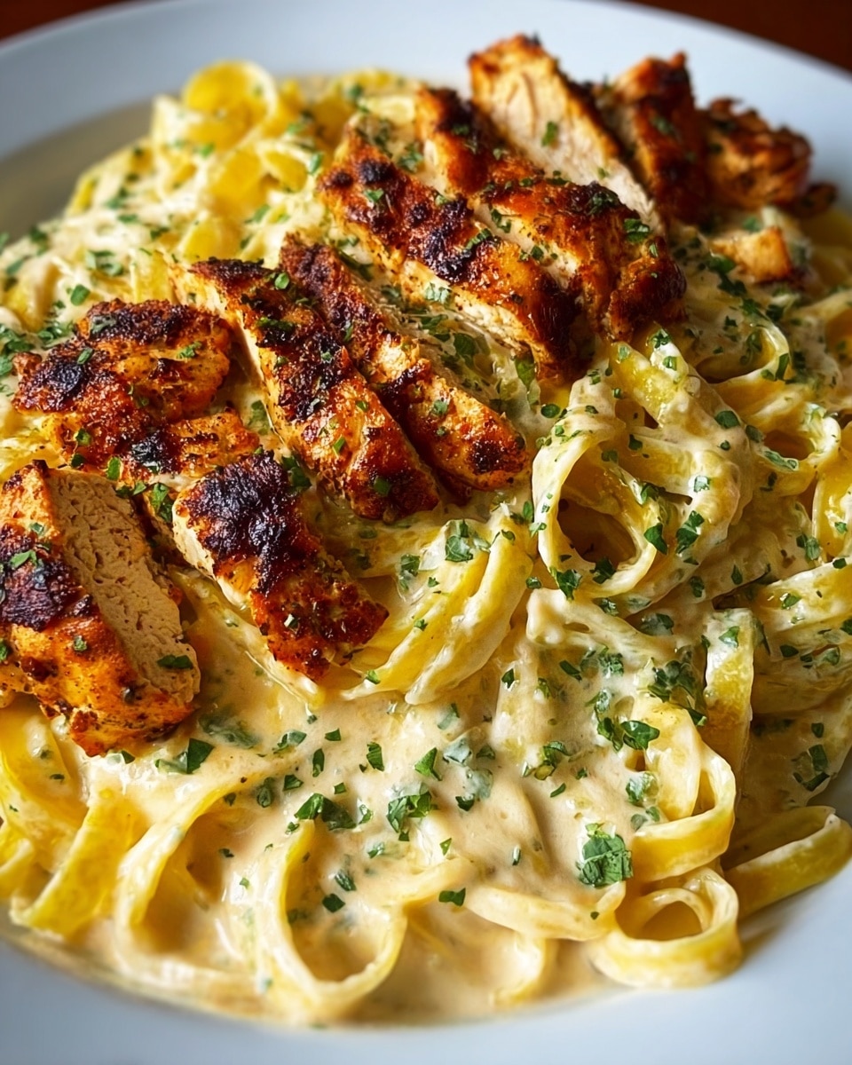 A white plate holds a creamy pasta dish with three main layers. The bottom layer is made of light yellow fettuccine pasta, mixed with a smooth, thick cream sauce that has a pale beige color. The middle layer consists of tender grilled chicken pieces sliced into strips and chunks, showing a golden brown charred texture with spices. The top layer is sprinkled with small green herbs evenly spread all over the pasta and chicken, adding fresh color contrast to the dish. photo taken with an iphone --ar 4:5 --v 7