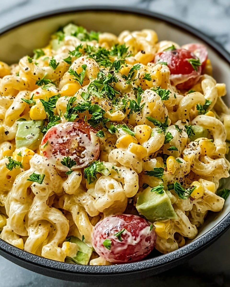 A close-up view of a bowl filled with creamy pasta salad made of short, curly pasta coated in a light yellow sauce; mixed throughout are bright yellow corn kernels, small green pieces of avocado, and halved red cherry tomatoes; the dish is garnished with fresh chopped green parsley and sprinkled black pepper. The bowl is white with a dark rim, sitting on a white marbled surface. photo taken with an iphone --ar 4:5 --v 7