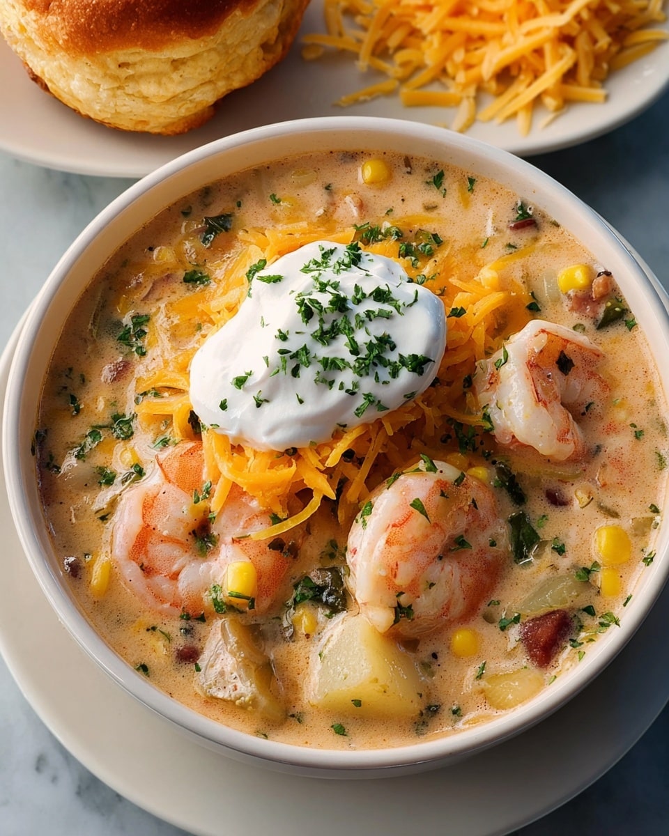 A white bowl filled with creamy shrimp chowder, showing large pink shrimp, yellow corn kernels, small chunks of potatoes, and bits of herbs mixed into the rich, light beige soup base. On top, a dollop of white sour cream is drizzled with bright orange shredded cheddar cheese and sprinkled with chopped green parsley. In the background, a white plate holds shredded yellow cheese and a golden brown biscuit. The dish is set on a white marbled surface. photo taken with an iphone --ar 4:5 --v 7