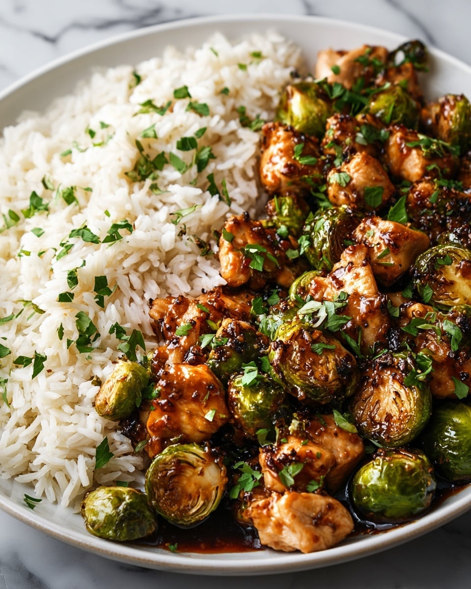 This image shows a white plate filled with two main layers: the first layer is a portion of cooked white rice with a fluffy texture and small green herb pieces scattered over it. The second layer covers the rest of the plate and consists of glossy, browned chicken chunks coated in a dark, shiny sauce, mixed with halved roasted Brussels sprouts that have a slightly charred, green, and golden-brown surface. Both the chicken and Brussels sprouts are sprinkled with fresh green herb leaves, adding a fresh contrast to the dish. The plate sits on a white marbled surface. photo taken with an iphone --ar 4:5 --v 7