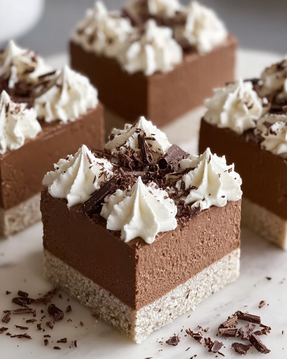 The image shows four square chocolate mousse desserts on a white marbled surface, each with three clearly visible layers: a light beige crumbly base, a thick smooth medium brown chocolate mousse middle layer, and a top layer of white whipped cream piped in small star shapes with a larger swirl in the center. Dark brown chocolate shavings are scattered over the whipped cream and around the base of the squares, adding texture and contrast. The desserts are neatly cut with clean edges, and the focus is on the front dessert. Photo taken with an iphone --ar 4:5 --v 7