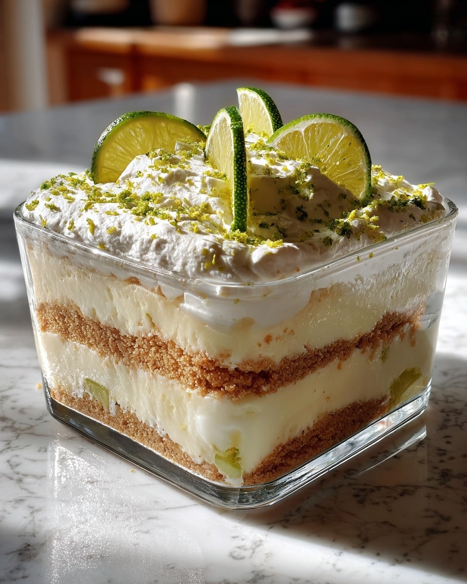 A square glass dish contains a layered dessert with four visible layers: the bottom and third layers are crumbly light brown crust, the second and top layers are smooth creamy white filling, and the top layer is thick whipped cream with a fluffy texture. The whipped cream is topped with bright green lime zest scattered evenly and small fresh lime wedge slices standing upright around the edges. The dish is set on a white marbled surface with soft natural light highlighting the textures and colors. photo taken with an iphone --ar 4:5 --v 7