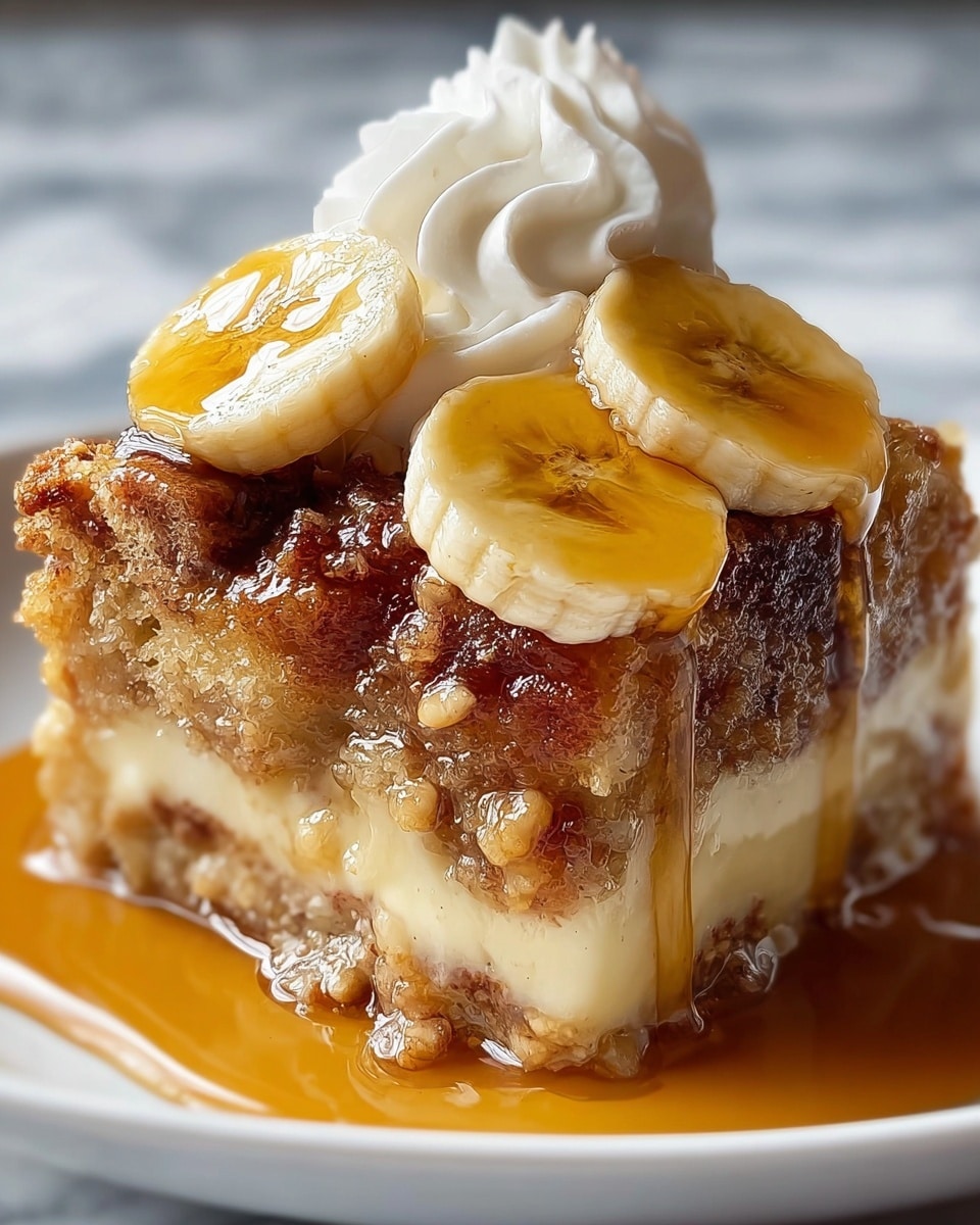 A single square slice of bread pudding sits in the middle of a white plate on a white marbled surface, showing three distinct layers: the bottom layer is soft and creamy with a light beige color, the middle is a dense, slightly sugary bread mixture with darker brown toasted bits, and the top has a crumbly, crunchy texture with golden brown and darker caramelized spots. On top of the bread pudding, there are three round banana slices arranged at different angles, their pale yellow color contrasting with the darker topping. A swirl of white whipped cream sits in the center behind the banana slices, and thick amber syrup slowly drips down over the bananas and sides of the bread pudding, pooling on the plate below. Photo taken with an iphone --ar 4:5 --v 7