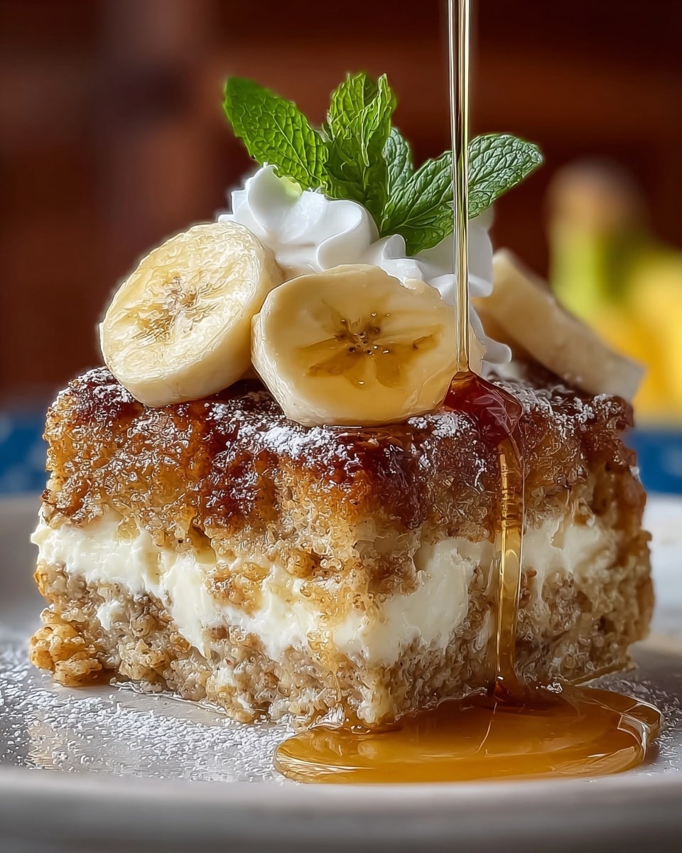 A close-up of a single square piece of bread pudding with three visible layers: a top layer that is golden brown and crumbly with a sprinkle of powdered sugar, a middle layer of creamy white custard peeking through, and a moist, textured base layer made of soaked bread. On top of the pudding are three round, light yellow banana slices, a small dollop of white whipped cream, and a fresh green mint leaf. Amber syrup is being poured over the bananas, dripping down the side onto the white plate beneath, which has a reflective surface. The background is softly blurred with warm brown and blue tones, set on a white marbled texture. photo taken with an iphone --ar 4:5 --v 7