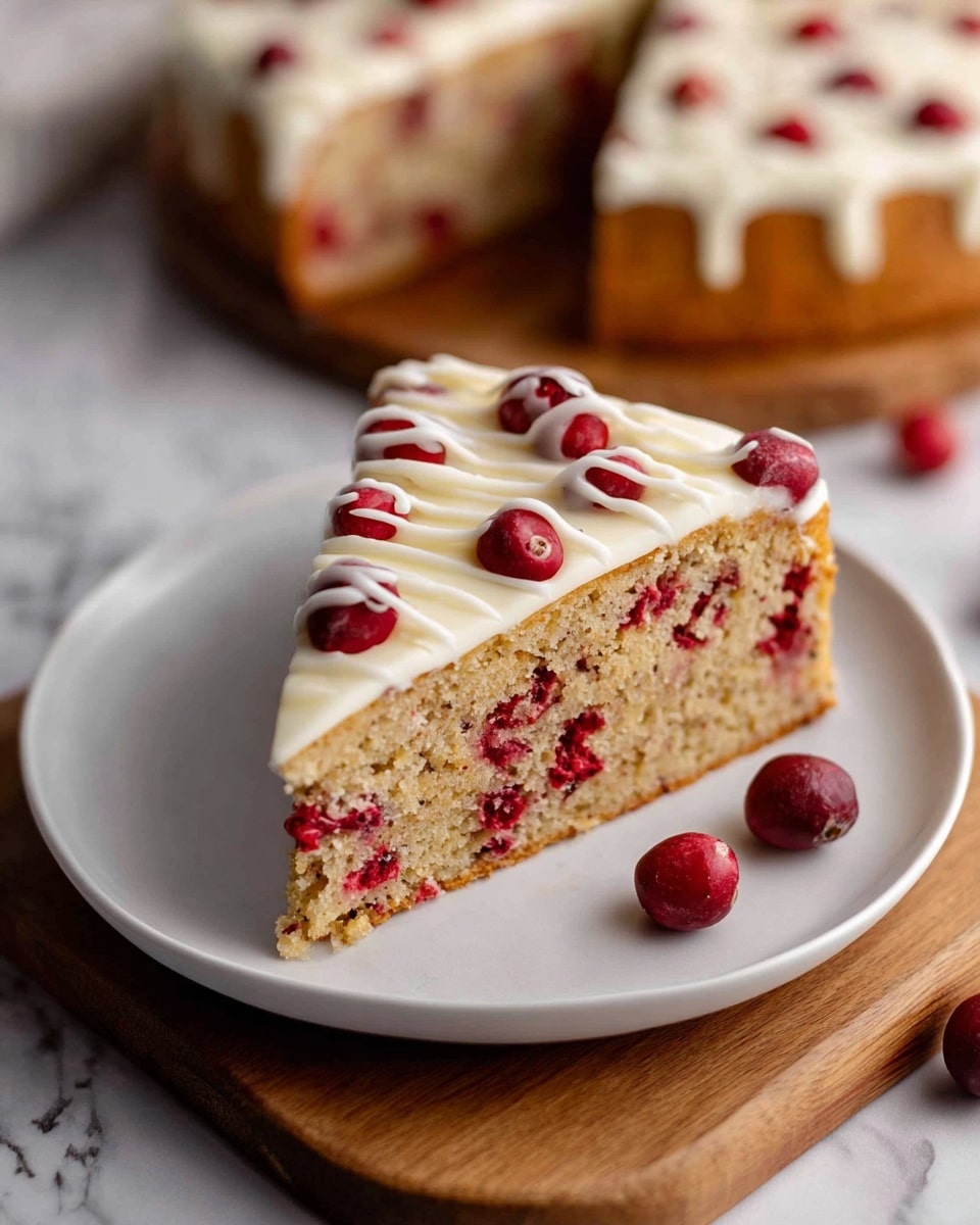 A triangular slice of cake sits on a white plate with a smooth surface, placed on a wooden board over a white marbled background. The cake has two visible layers: the bottom layer is light brown with a slightly crumbly texture, filled with small red berry pieces embedded inside. The top layer is a smooth cream color, topped with scattered whole red berries and thin drizzles of white icing in a zigzag pattern. Two red berries are placed casually on the plate next to the slice. In the background, a blurred view of the remaining cake shows more slices with similar appearance. photo taken with an iphone --ar 4:5 --v 7