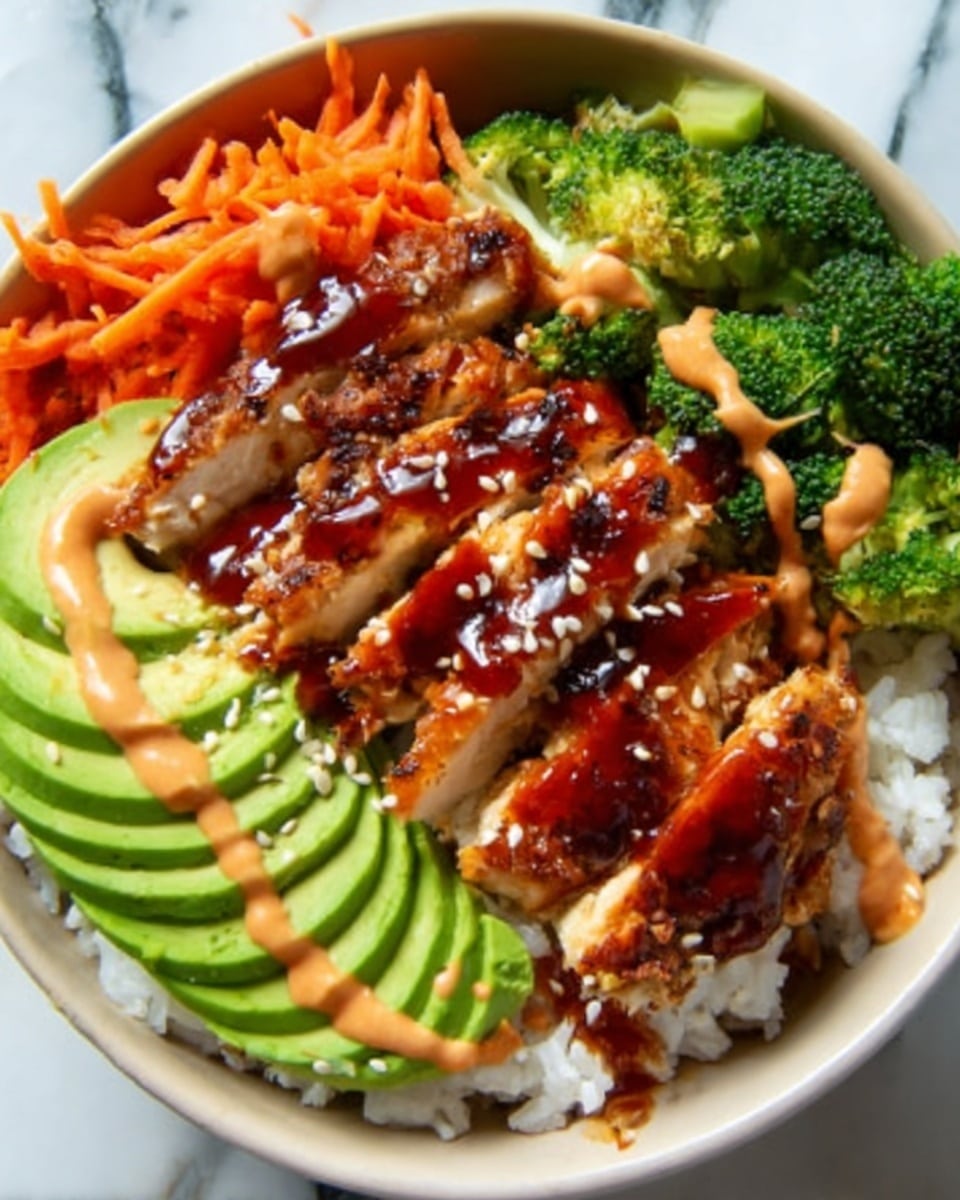 The image shows a white bowl filled with a base layer of white rice. On top of the rice, there are several strips of grilled chicken glazed with a shiny dark brown sauce, arranged in the center. To the left of the chicken, there is a fan of bright green sliced avocado. To the right, there are vibrant green broccoli florets. At the top left, orange shredded carrots add color. The dish is sprinkled with white sesame seeds and drizzled with a light orange sauce. The bowl sits on a white marbled surface. photo taken with an iphone --ar 4:5 --v 7