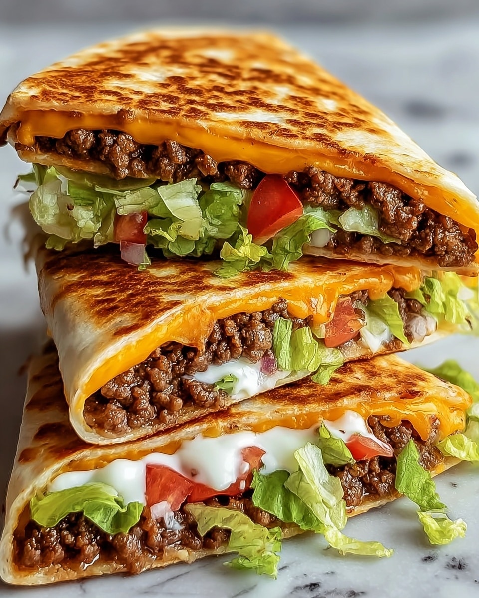 The image shows three folded quesadilla slices stacked on a white marbled surface, each slice revealing three clear layers inside. The outer layer is a golden brown, crispy tortilla with a slightly toasted texture. Inside, the bottom layer consists of melted bright orange cheddar cheese, followed by a thick middle layer of finely cooked ground beef in a rich brown color. The top inner layer includes fresh, vibrant green lettuce, and small pieces of juicy red tomatoes and white creamy sauce peek out in the middle slice. The quesadillas are stacked with the tip of the triangle pointing outward. photo taken with an iphone --ar 4:5 --v 7