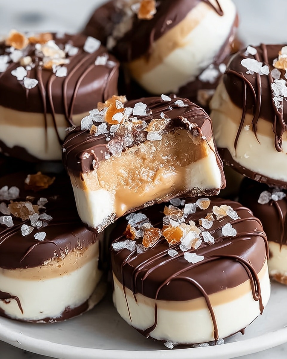 The image shows round cookies with two main layers. The base layer is light beige and smooth, forming the main shape of the cookie. On top, there is a thick dark chocolate coating that covers half of each cookie. The chocolate is shiny and drizzled again with thin dark chocolate lines going across the top. The cookies are sprinkled with small pieces of caramel and white flaky salt on the chocolate side, adding a rough texture. They are arranged close together on a white plate placed on a white marbled surface. photo taken with an iphone --ar 4:5 --v 7