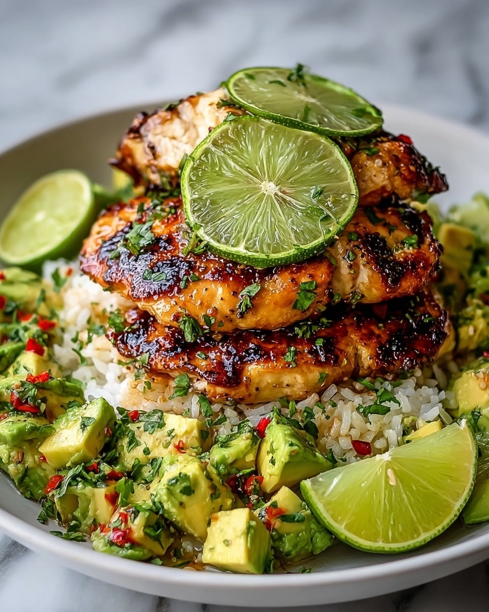 The image shows a white plate with a stack of three grilled chicken pieces in the center, each piece having a golden-brown, slightly charred surface with visible grill marks. On top of the chicken are two slices of bright green lime and a sprinkle of chopped green herbs. Surrounding the chicken at the base are chunks of light green avocado mixed with bits of red chili and more chopped green herbs, resting on a bed of white rice. Additional lime wedges are placed around the edge of the plate, all set on a white marbled surface. Photo taken with an iphone --ar 4:5 --v 7