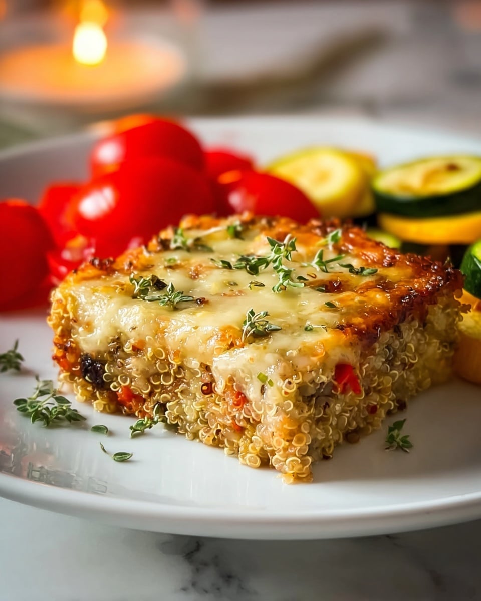 A square slice of quinoa casserole sits in the center of a white plate, showing about three visible layers: a base layer of cooked quinoa with small bits of vegetables, a middle layer with melted cheese and mixed veggies, and a top layer of golden-browned melted cheese dotted with fresh green herb leaves. To the left of the casserole, there are bright red grape tomatoes and some mixed cooked yellow and green zucchini slices. The plate is on a white marbled surface with soft warm lighting in the background. photo taken with an iphone --ar 4:5 --v 7