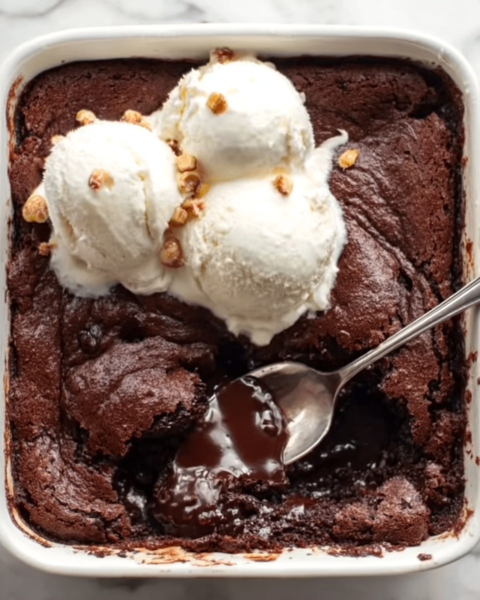 A square white ceramic baking dish filled with a rich, thick chocolate brownie that has a slightly cracked top layer. In the dish's lower right corner, a silver spoon is scooping out a gooey, molten chocolate center, showing a shiny, dark chocolate inside. On top of the brownie, there are three scoops of white vanilla ice cream with smooth, creamy texture and small bits of light brown nuts sprinkled over them. The dish sits on a white marbled surface. Photo taken with an iphone --ar 4:5 --v 7