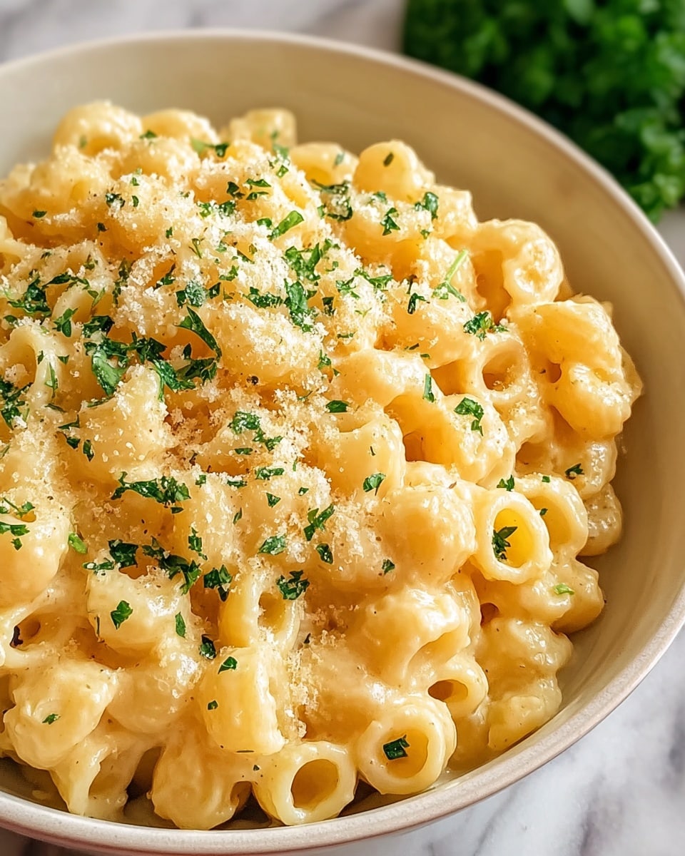 A close-up view of a white bowl filled with creamy macaroni pasta, the small ring-shaped noodles coated in a smooth, pale yellow cheese sauce. The top layer is sprinkled with finely chopped green parsley leaves and light dusting of grated cheese. The bowl sits on a white marbled surface. photo taken with an iphone --ar 4:5 --v 7