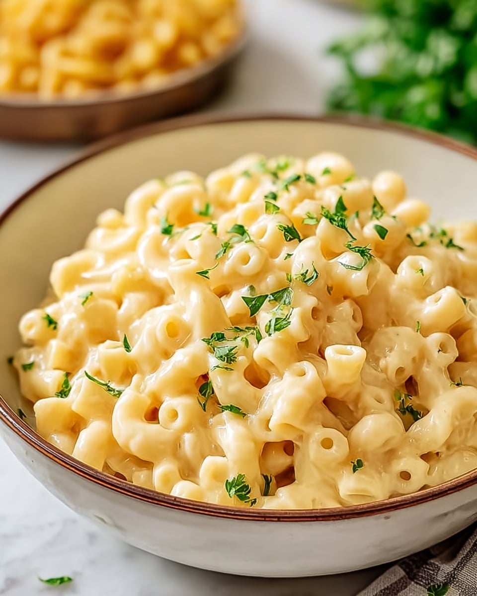A bowl of creamy macaroni and cheese with small, hollow pasta rings covered in smooth, pale yellow cheese sauce. The pasta is piled high and garnished with small green parsley leaves scattered evenly on top. The food is served in a white bowl with a slight brown rim, set on a white marbled surface. In the background, a blurred bowl of more pasta can be seen. photo taken with an iphone --ar 4:5 --v 7