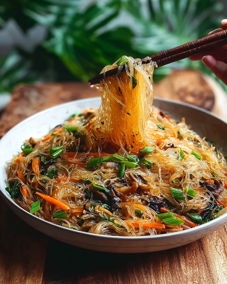 The dish shows a large white bowl filled with thin, shiny cooked glass noodles mixed with thin orange carrot strips, dark small mushrooms, and bright green chopped scallions scattered on top. The noodles are lifted by dark brown chopsticks held by a woman's hand, showing their long and glossy texture. The bowl is placed on a wooden surface with some blurred green leaves in the background, all replaced with a white marbled texture. The dish looks fresh and colorful with the mix of transparent noodles, orange, green, and dark brown ingredients. photo taken with an iphone --ar 4:5 --v 7