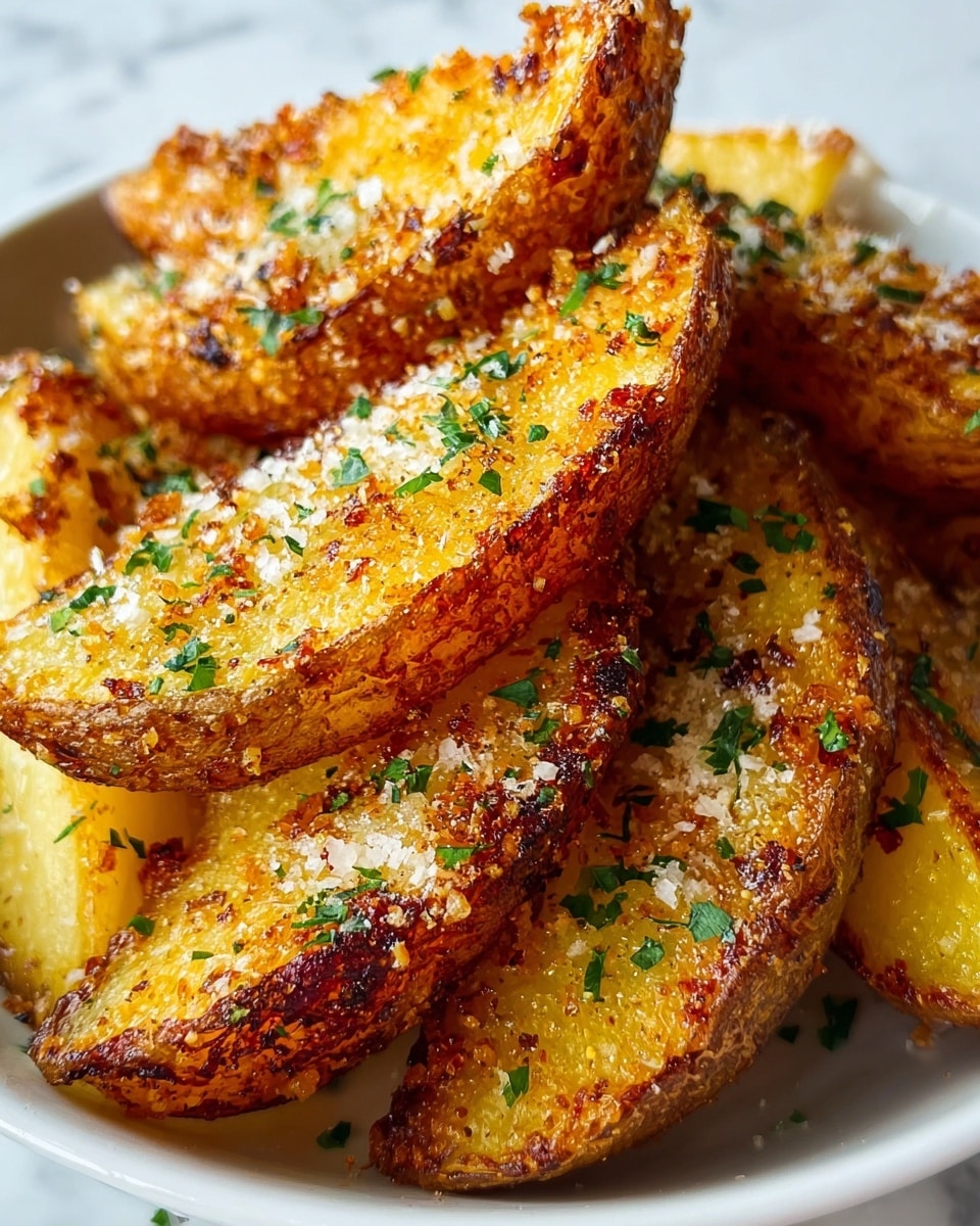 The image shows several golden-brown potato wedges stacked closely together on a white plate, each wedge having a crispy, textured outer layer covered with small bits of browned seasoning and sprinkled with grated cheese and finely chopped green herbs. The wedges’ inside looks soft and moist with a smooth yellow color. The white plate sits on a white marbled texture, and the lighting highlights the contrast between the crispy edges and the tender potato inside. Photo taken with an iphone --ar 4:5 --v 7