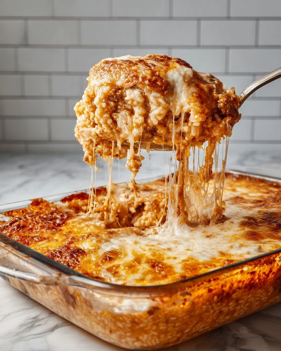 A large spoon is lifting a cheesy baked dish from a clear glass baking dish resting on a white marbled surface. The dish has at least two visible layers: the top layer is golden brown and bubbly melted cheese with a slightly crispy texture, and beneath it is a thick, creamy rice mixture with a reddish tint. Strings of melted cheese stretch from the spoon back to the baking dish, showing the gooey texture. The background has light gray subway tiles. photo taken with an iphone --ar 4:5 --v 7