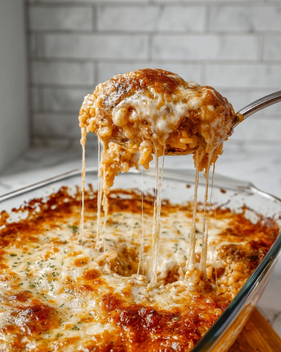 A close-up image shows a large spoon lifting a serving of baked cheesy rice from a clear glass baking dish. The dish has a thick top layer of melted, golden-brown cheese with crispy spots, bubbling and stretching long strands of gooey, white melted cheese between the spoon and the rest of the rice below. The rice underneath is a mix of light brown and orange colors from sauce mixed with melted cheese, layered evenly in the clear glass dish. The background is a white marbled texture with a soft blurred white tile wall. photo taken with an iphone --ar 4:5 --v 7