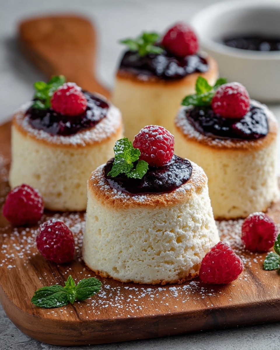 Four fluffy, tall, round white sponge cakes with a light golden-brown top are placed on a wooden board. Each cake has a dark purple berry sauce pool on top, topped with a bright red raspberry and a small green mint leaf. Some powdered sugar is sprinkled on the cakes and raspberries. There are extra raspberries and mint leaves scattered around the cakes. The wooden board sits on a white marbled textured surface. photo taken with an iphone --ar 4:5 --v 7