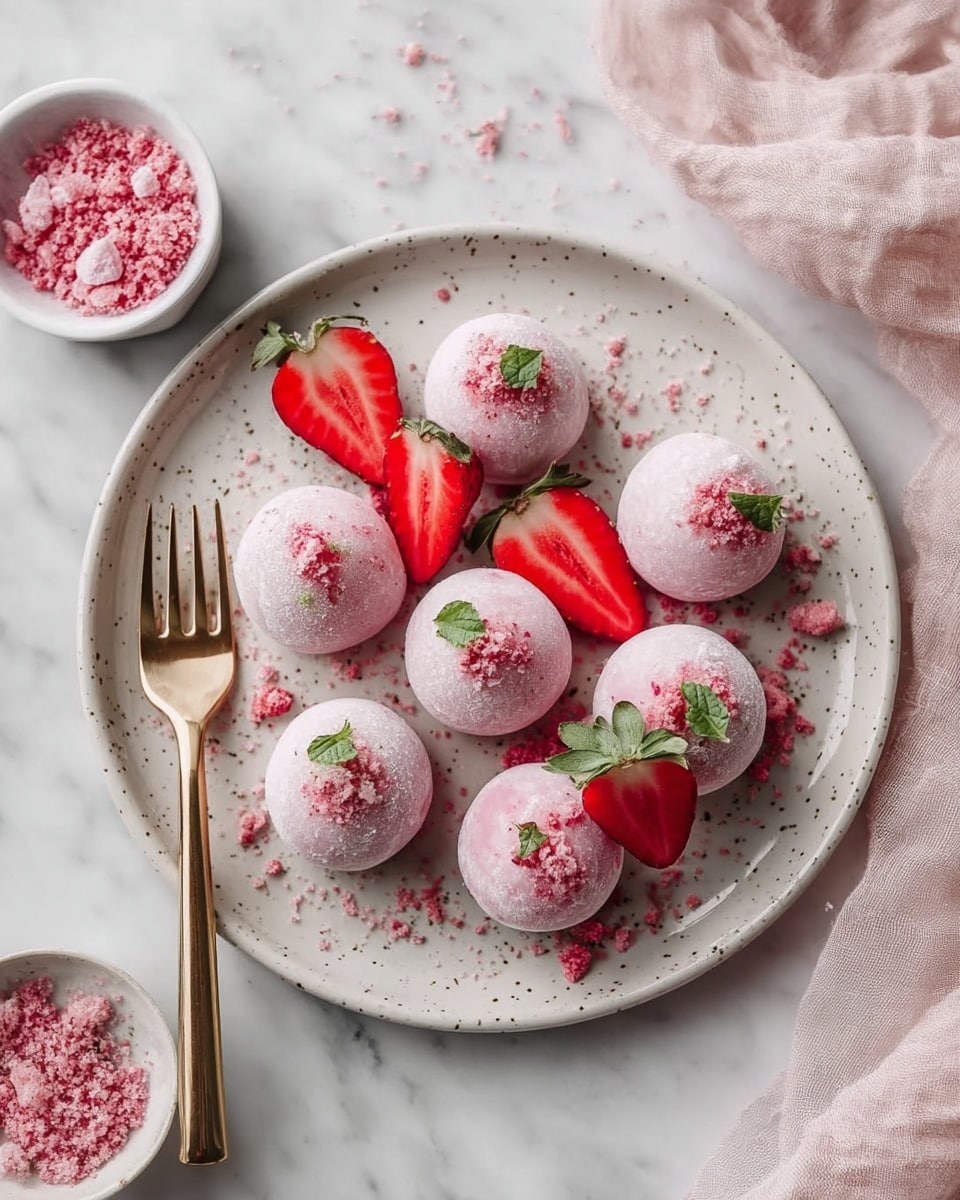 A white speckled plate holds seven round pink mochi balls, each topped with small green leaves and crushed pink crumbs scattered around them. Three bright red strawberry halves are placed on and around the mochi, adding a fresh contrast. A shiny gold fork rests on the left side of the plate. Nearby, a small white bowl contains more crushed pink topping, and a pink cloth lies softly on a white marbled surface. photo taken with an iphone --ar 4:5 --v 7