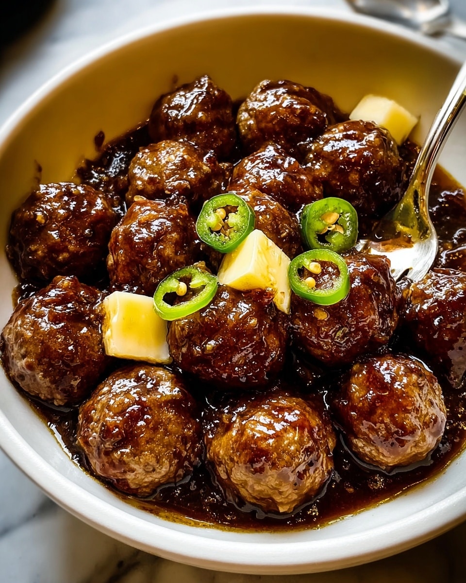 A white bowl full of shiny, brown glazed meatballs, each meatball round and textured with a slightly crispy surface, sitting in a thick dark sauce that pools at the bottom. On top, there are a few slices of bright green jalapeño and small cubes of pale yellow butter melting gently into the sauce. The bowl is placed on a white marbled surface, with a metal fork partially visible on the right side, stirring the meatballs. The glossy sauce reflects light, making the dish look rich and savory. photo taken with an iphone --ar 4:5 --v 7