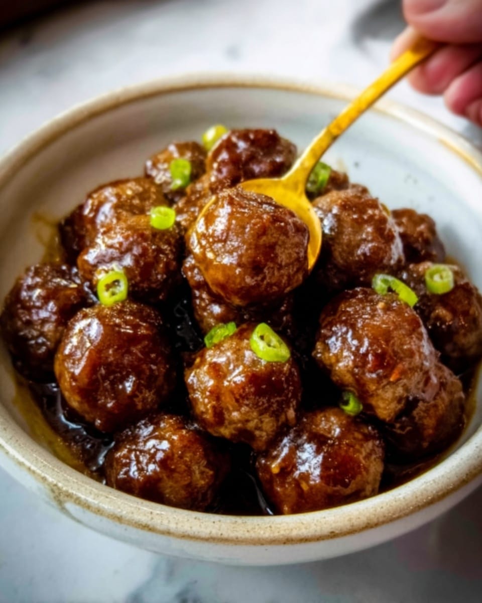 The image shows a close-up of a white ceramic bowl filled with shiny brown meatballs covered in a glossy sauce. There are green pepper slices scattered on top, adding a pop of color. The meatballs are round and tightly packed inside the bowl, which sits on a white marbled surface. A golden spoon is partly inserted into the bowl from the right side, held gently by a woman's hand. The lighting highlights the texture and shine of the meatballs and sauce, making the dish look rich and appetizing. Photo taken with an iphone --ar 4:5 --v 7