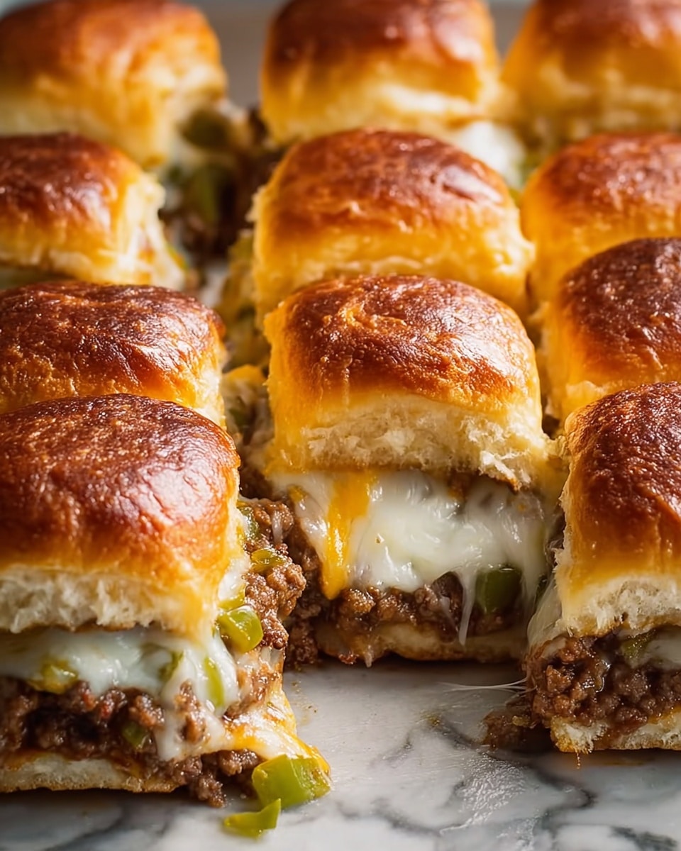 This image shows a close-up of several golden brown baked slider sandwiches arranged in rows on a flat surface with a white marbled texture. Each slider has three main layers: the top layer is a soft, shiny, deep golden brown bun with a slightly glossy texture; the middle layer is melted white cheese stretching out between the separated sliders, mixed with cooked ground beef and small pieces of green peppers, creating a textured filling; the bottom layer is the lighter, fluffy part of the bun with slight browning on the edges. The sliders look warm, gooey, and freshly baked with a rich and appetizing feel. photo taken with an iphone --ar 4:5 --v 7