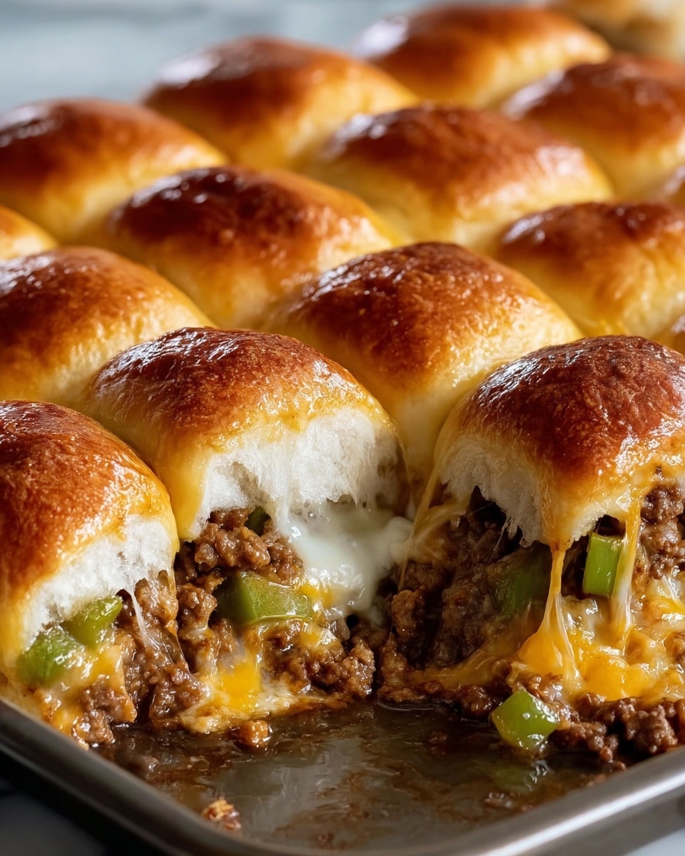 The image shows a close-up of a tray filled with golden-brown soft buns that are shiny and have a slightly crispy top. One bun is pulled apart, revealing a gooey middle layer of melted cheese stretching between the buns. Inside the buns, there is a thick layer of cooked ground meat mixed with diced green bell peppers, showing a mix of brown and green colors with a juicy texture. The buns have a white soft inside that contrasts with the rich filling. The tray sits on a white marbled surface. photo taken with an iphone --ar 4:5 --v 7
