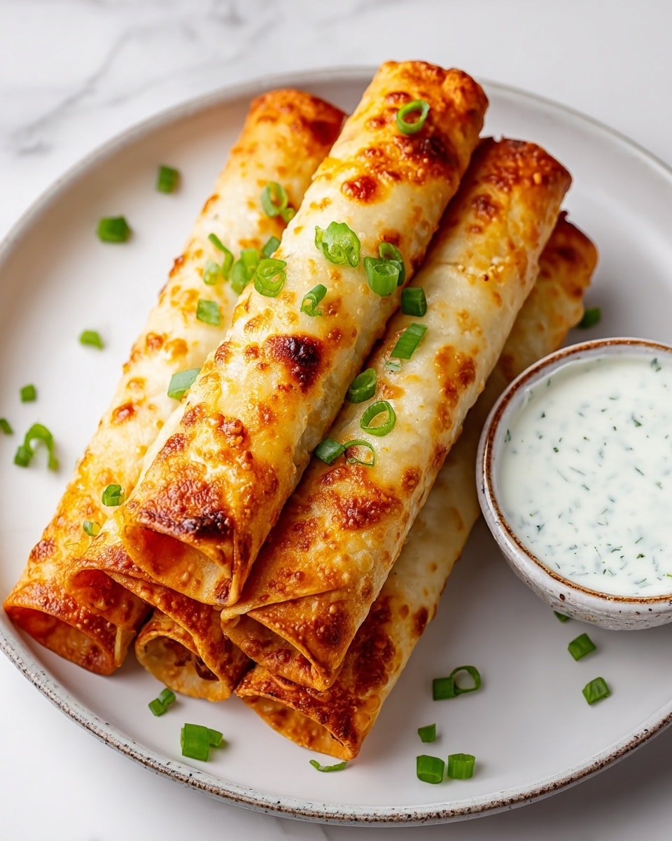 The image shows a white plate on a white marbled surface, holding five golden-brown crispy rolled taquitos stacked close together. Each taquito has a slightly bubbly and browned texture with small dark spots, indicating they are fried. Bright green chopped scallions are sprinkled evenly over the taquitos, adding a fresh pop of color. On the right side of the plate, a small white bowl contains a creamy white dipping sauce with specks of green herbs mixed throughout. The edges of the bowl have a subtle dark rim, giving it a rustic look. photo taken with an iphone --ar 4:5 --v 7