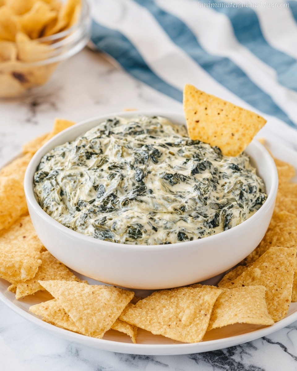 A white bowl filled with creamy spinach dip showing green spinach leaves mixed in a thick, textured white and light yellow cheese sauce. The bowl sits on a white plate that is surrounded by triangular, golden-brown tortilla chips. One tortilla chip is partly dipped into the spinach dip, standing upright at the edge of the bowl. The setting is on a white marbled surface, with part of a blue and white striped cloth visible in the background, and a clear bowl of more chips blurred in the distance. photo taken with an iphone --ar 4:5 --v 7